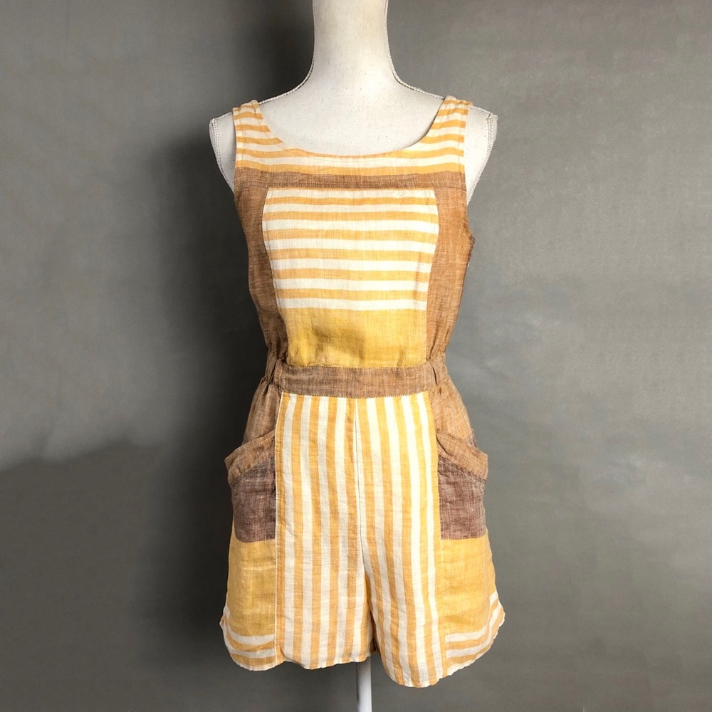Anthropologie Romper Orange Brown Striped Linen - Picture 2 of 8